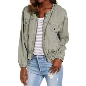 Splendid Bohdi Peplum Jacket XL Utility Full Zip Linen Lyocell Hooded Sage Green